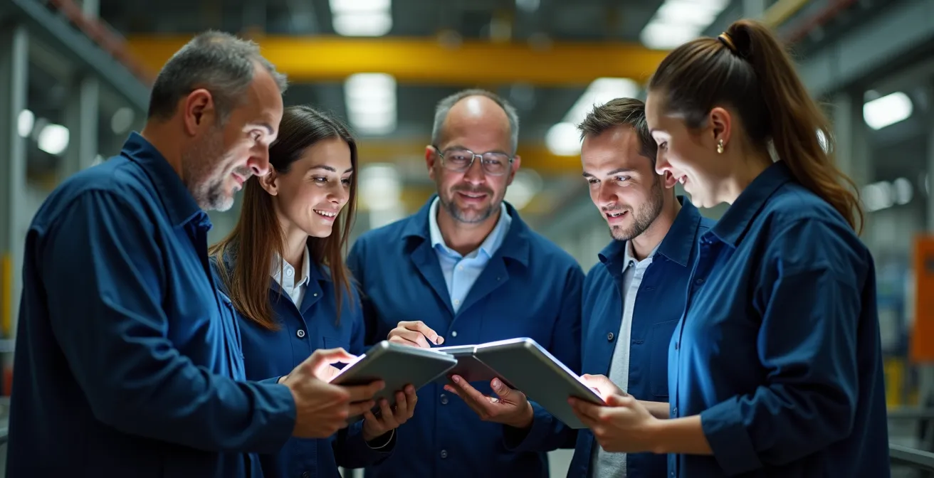 Human-focused photo of a diverse maintenance team collaborating around digital devices in an industrial setting
