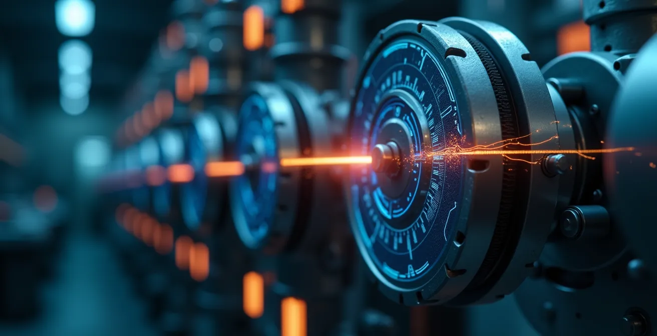 Close-up detailed shot of industrial equipment with digital overlay symbols representing diagnostics and anomaly detection