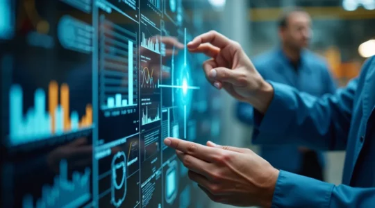 Conceptual photograph illustrating strategic industrial maintenance with machinery, analytics, and teamwork