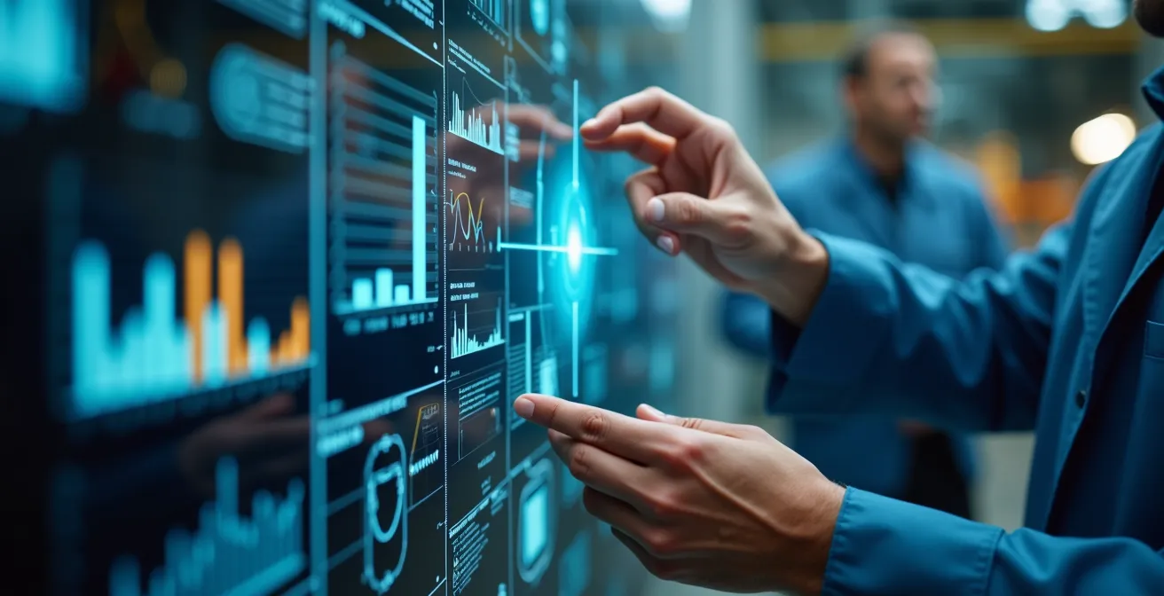 Conceptual photograph illustrating strategic industrial maintenance with machinery, analytics, and teamwork
